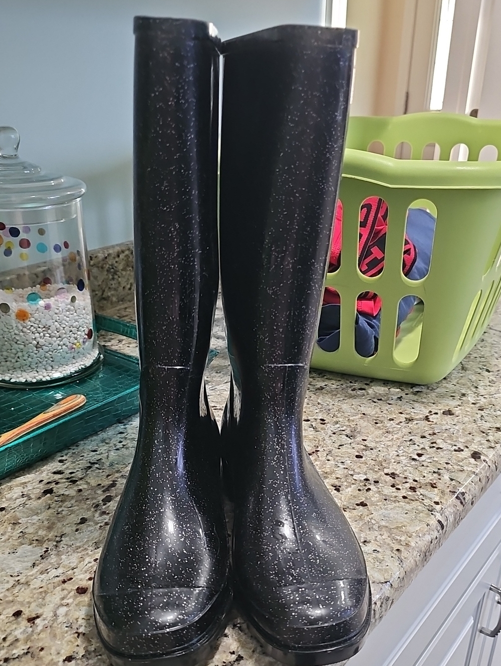 Brand New Without Tags Capelli of New York Black Glitter Tall Rain Boots Size 8